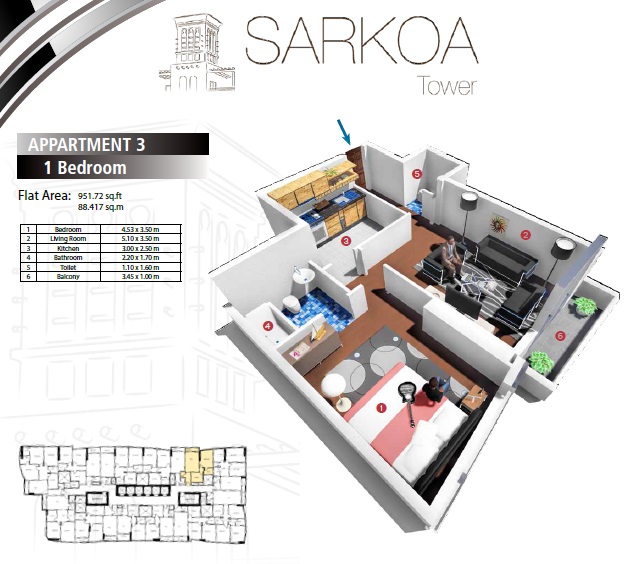 Fam Sarkoa Tower 1 Bed Layout