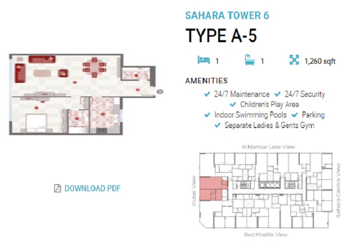 1 Bed 1260 Sq. Ft. Apartment in Sahara Tower