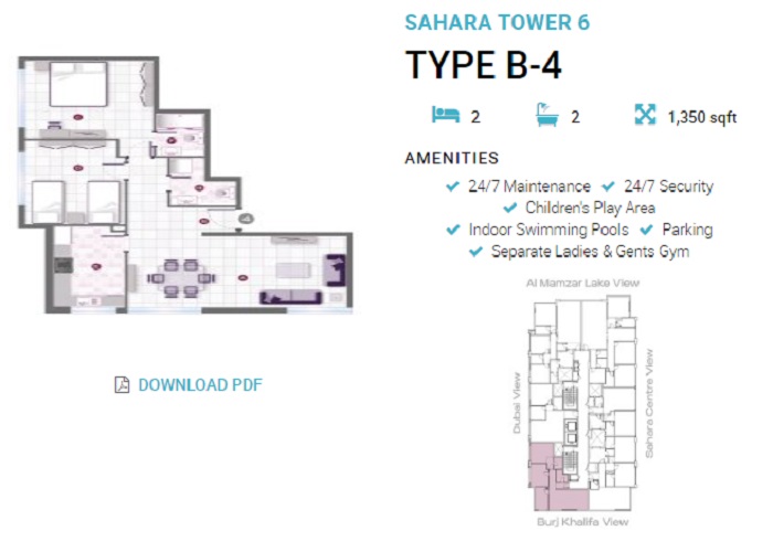 2 Beds 1350 Sq. Ft. Apartment in Sahara Tower
