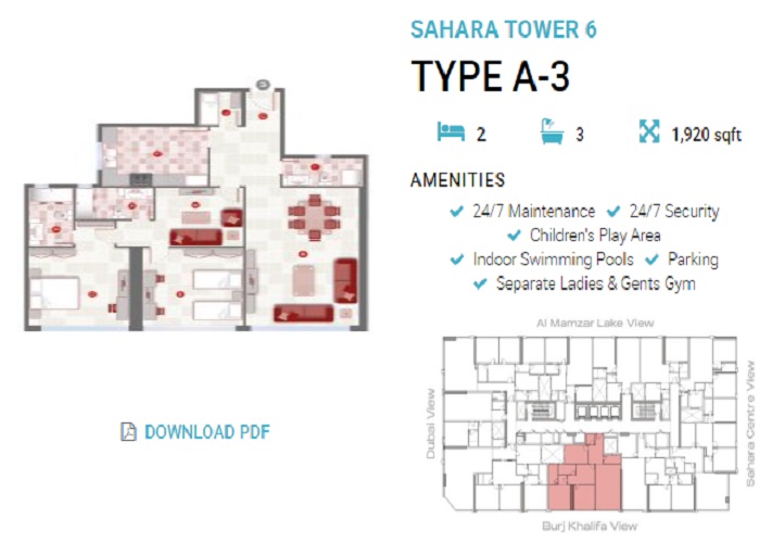 2 Beds 1920 Sq. Ft. Apartment in Sahara Tower