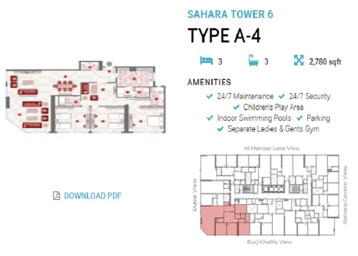 3 Beds 2780 Sq. Ft. Apartment in Sahara Tower