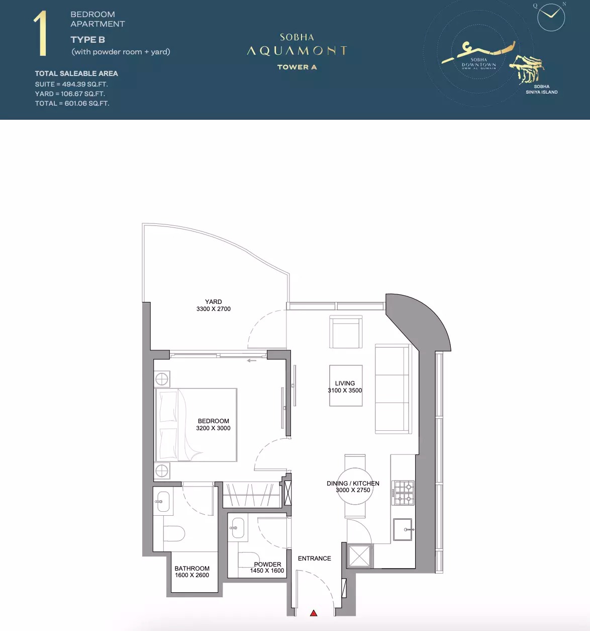 1 Bed 601 Sq. Ft. Apartment in Sobha Aquamont