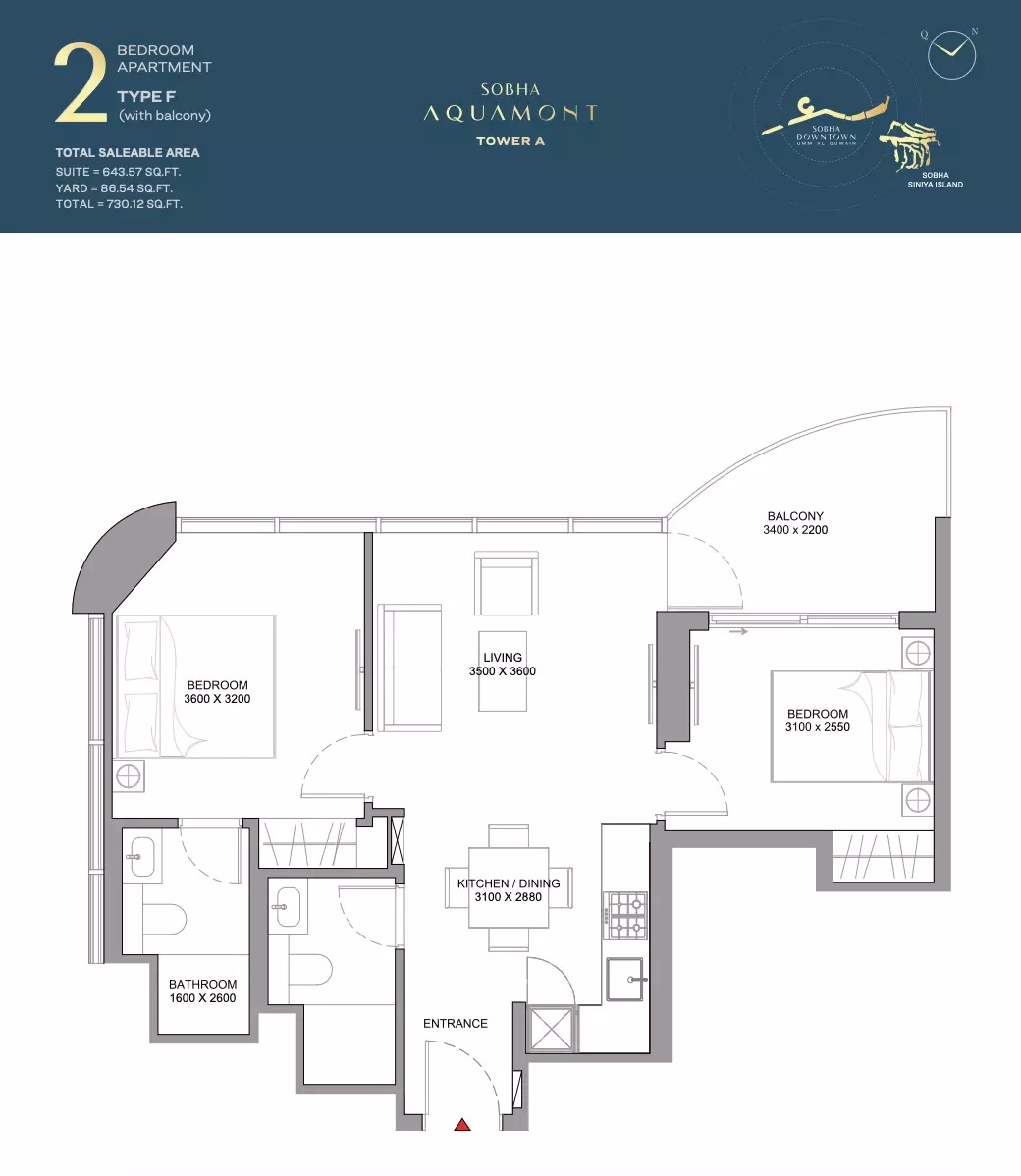 2 Beds 730 Sq. Ft. Apartment in Sobha Aquamont