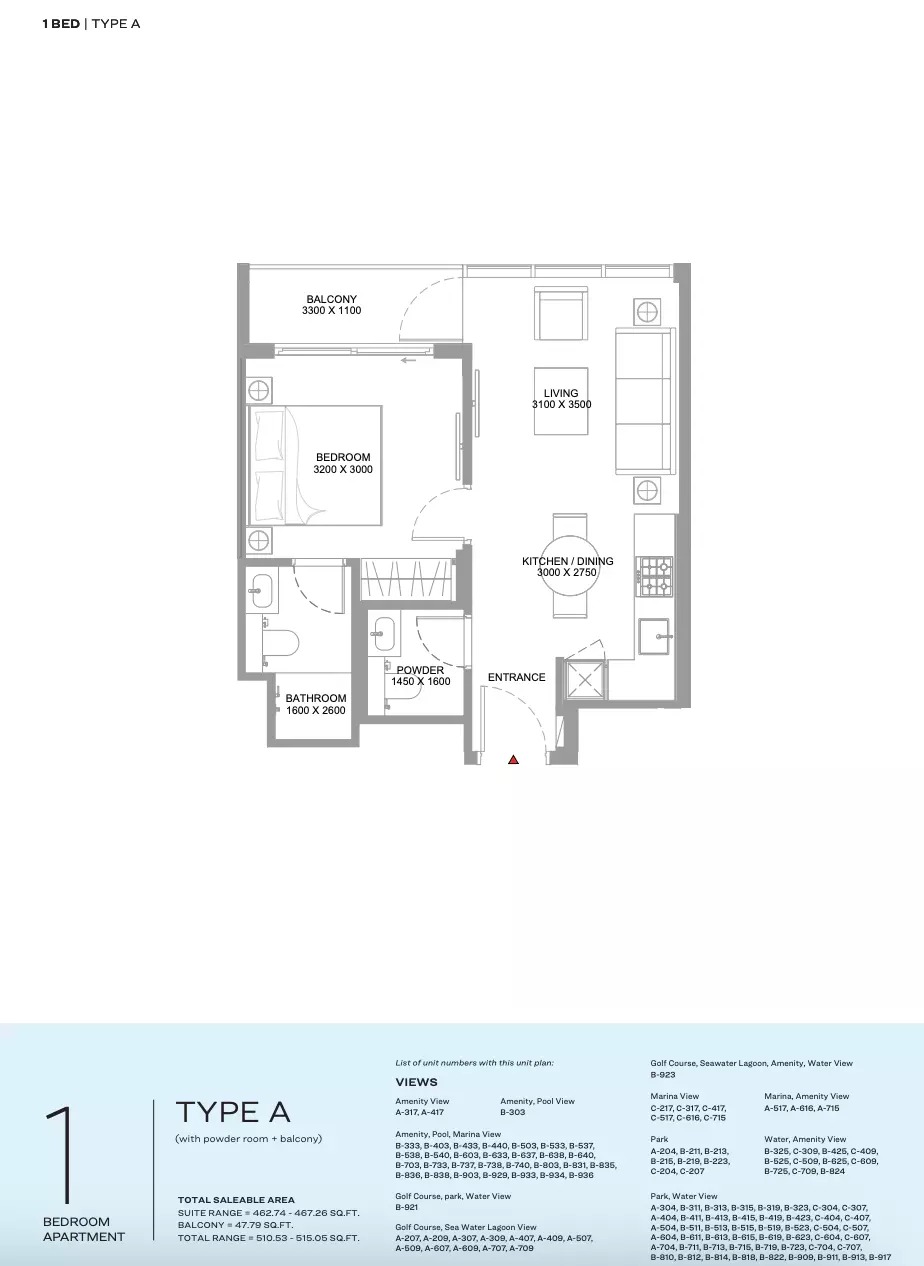 Sobha Bayfront Marina Residences 1 Bed Layout