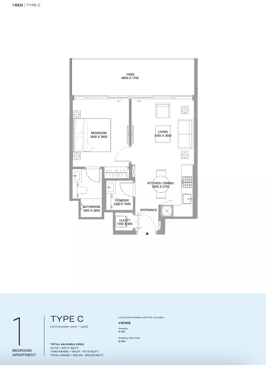 Sobha Bayfront Marina Residences 1 Bed Layout