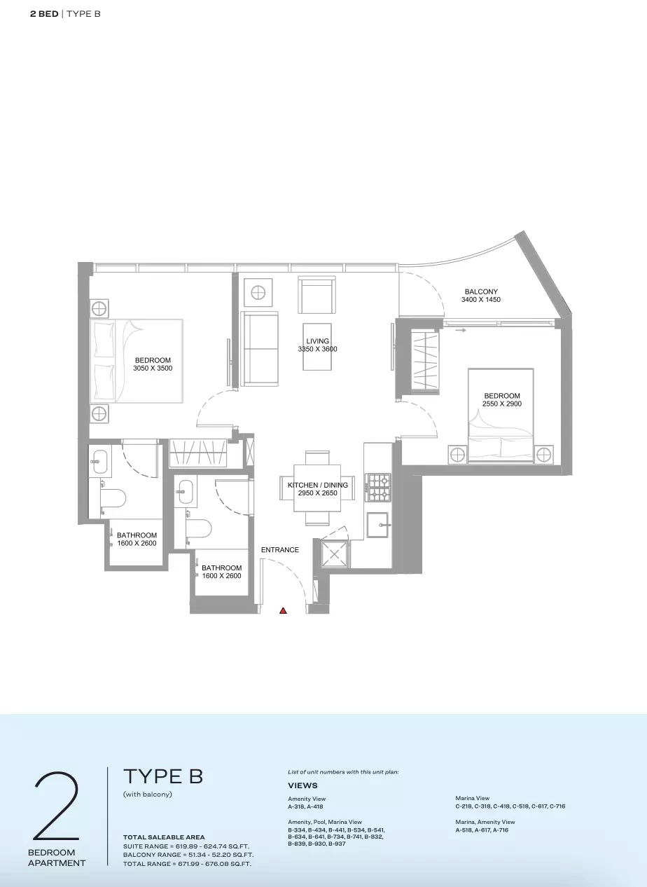 Sobha Bayfront Marina Residences 2 Beds Layout