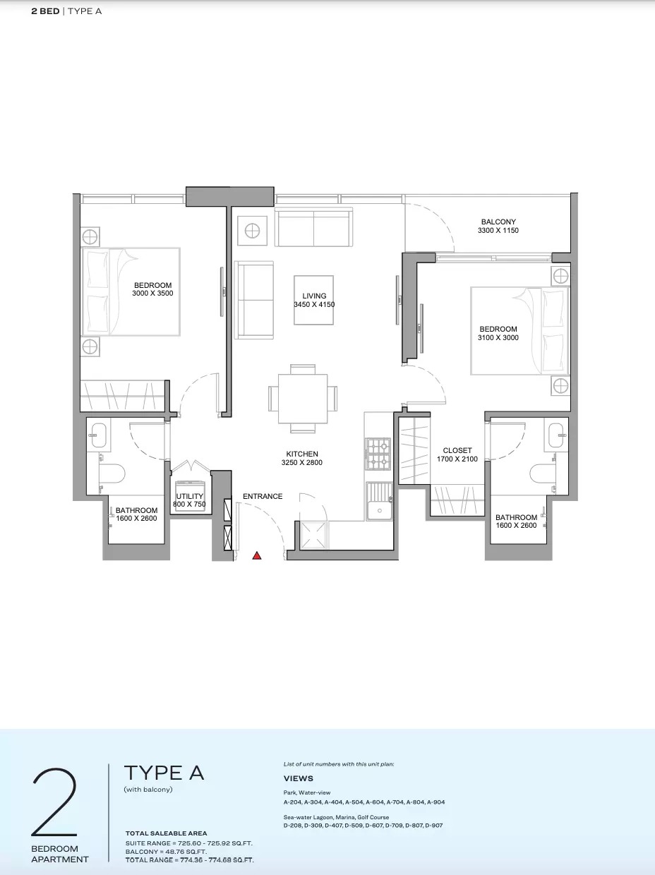 2 Beds 774 Sq. Ft. Apartment in Sobha Florine Beach Residences