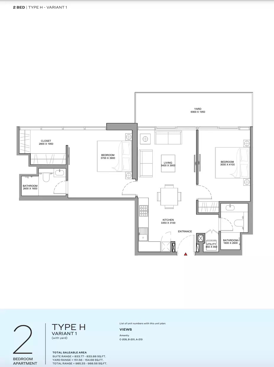 2 Beds 988 Sq. Ft. Apartment in Sobha Florine Beach Residences