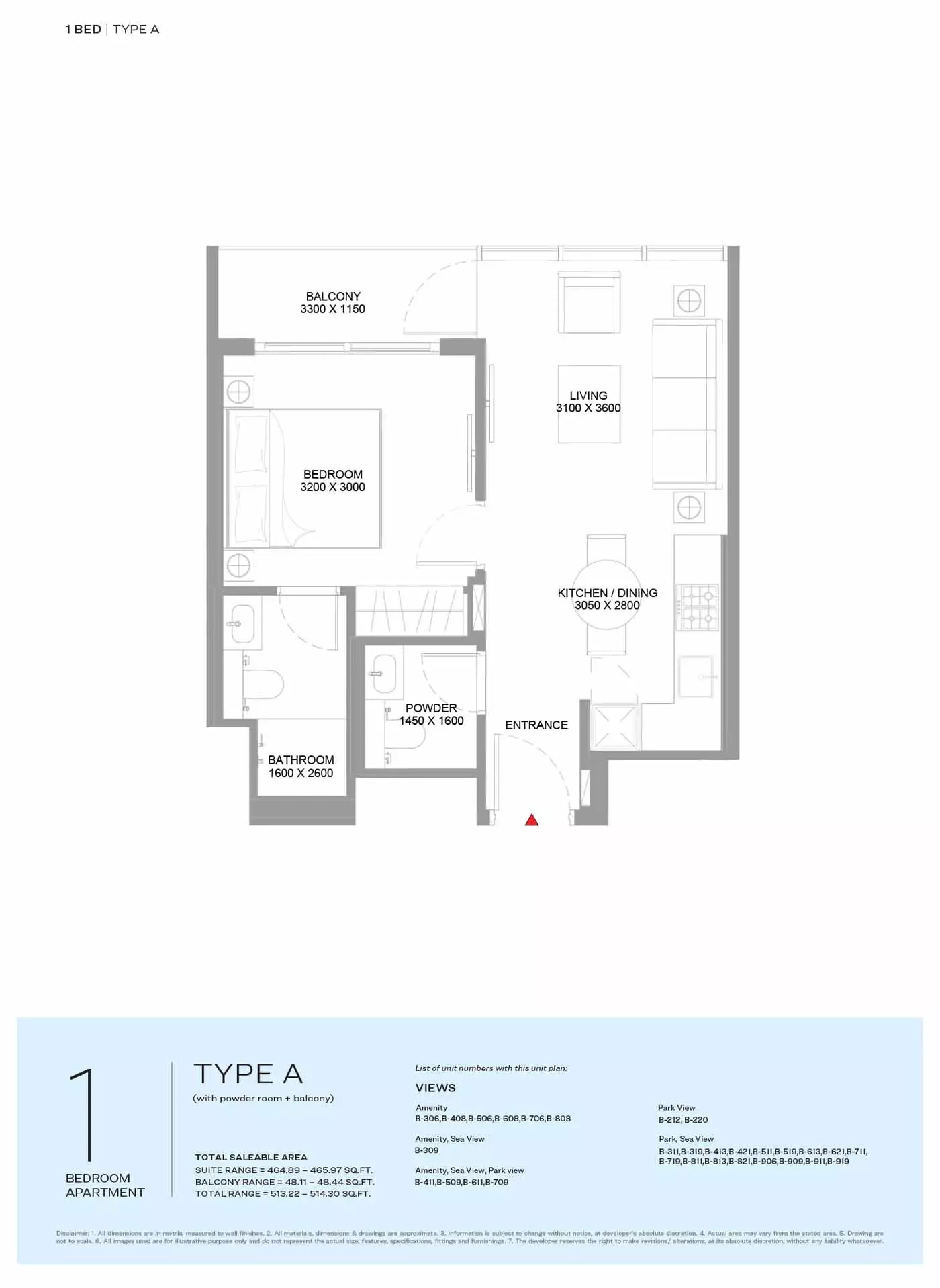 Sobha Pierside Marina Residences 1 Bed Layout