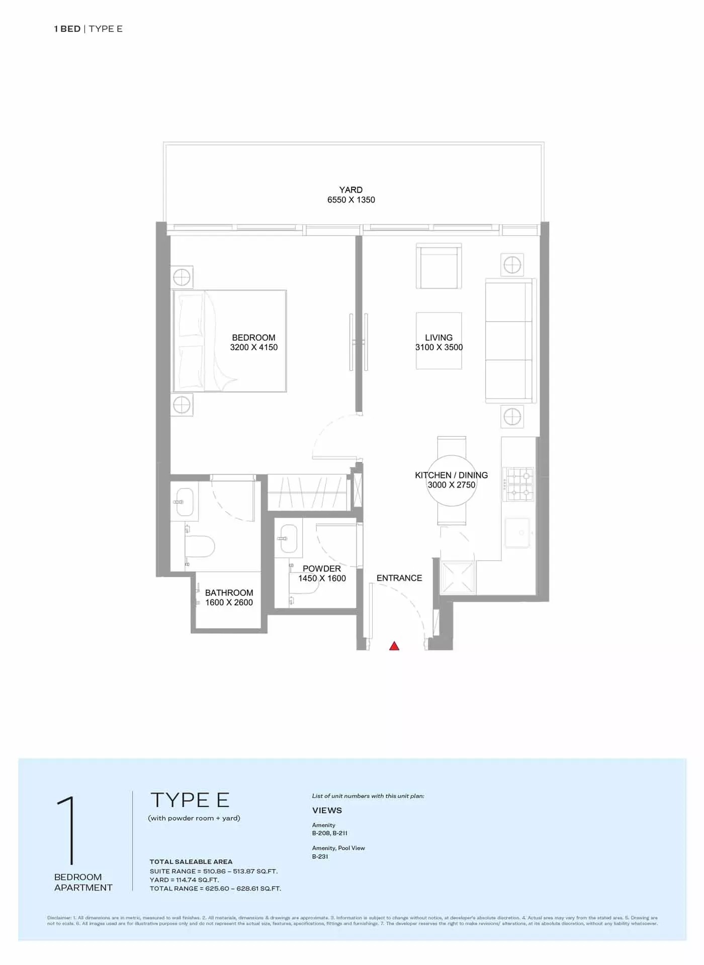 Sobha Pierside Marina Residences 1 Bed Layout