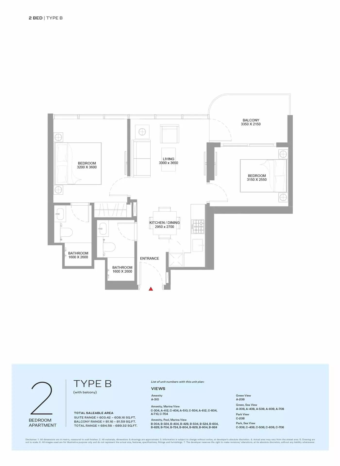 Sobha Pierside Marina Residences 2 Beds Layout