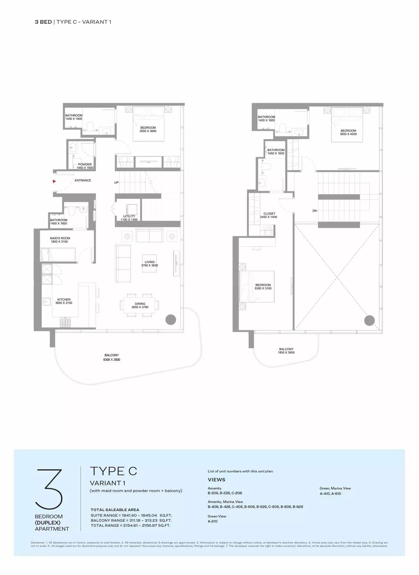Sobha Pierside Marina Residences 3 Beds Layout