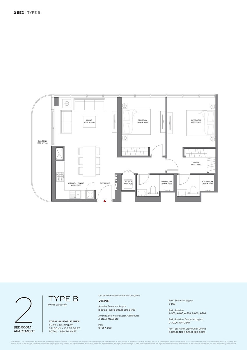 2 Beds 990 Sq. Ft. Apartment in Sobha Selene Beach Residences