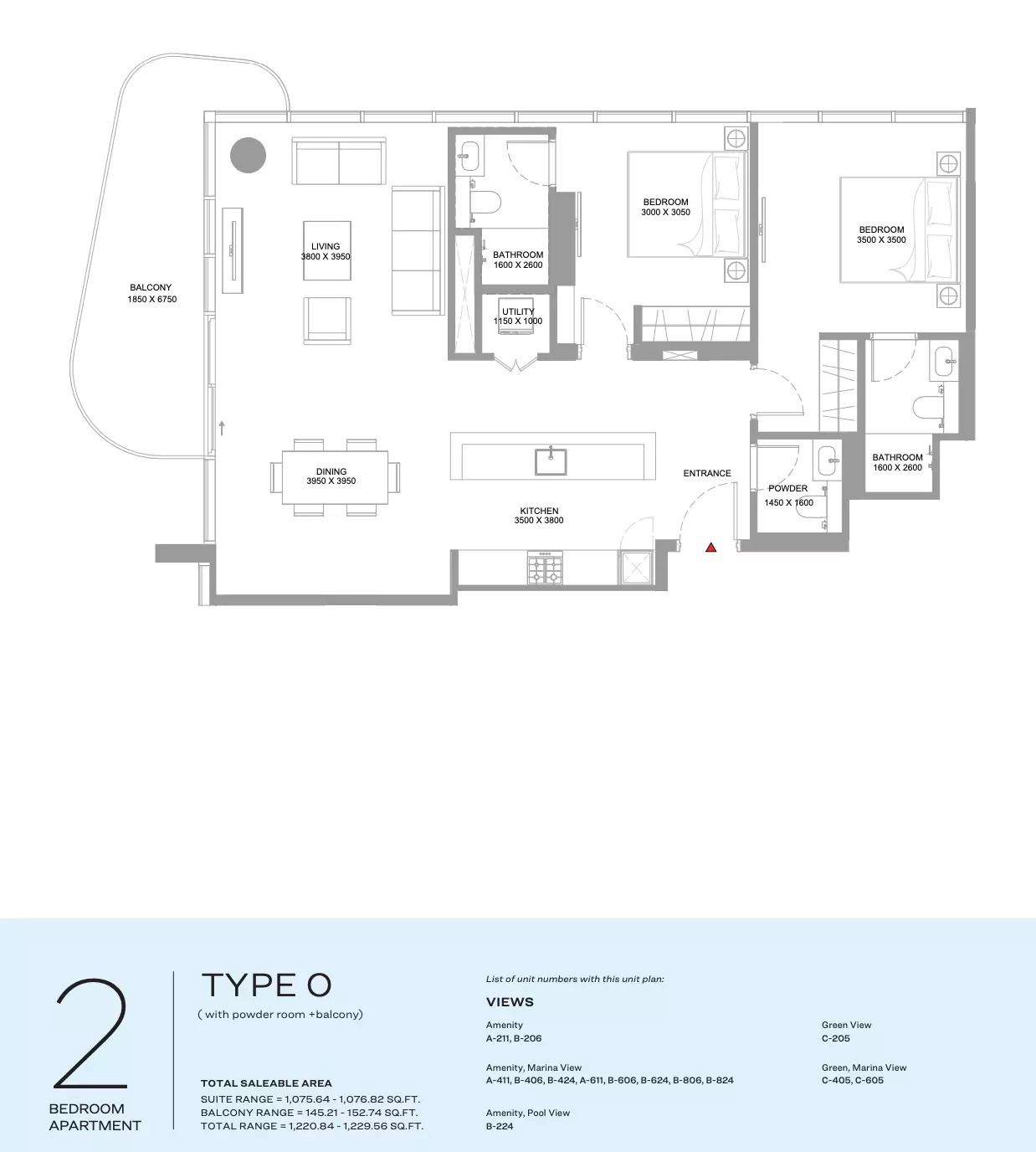 2 Beds 1221 Sq. Ft. Apartment in Sobha Yachtside Marina Residences